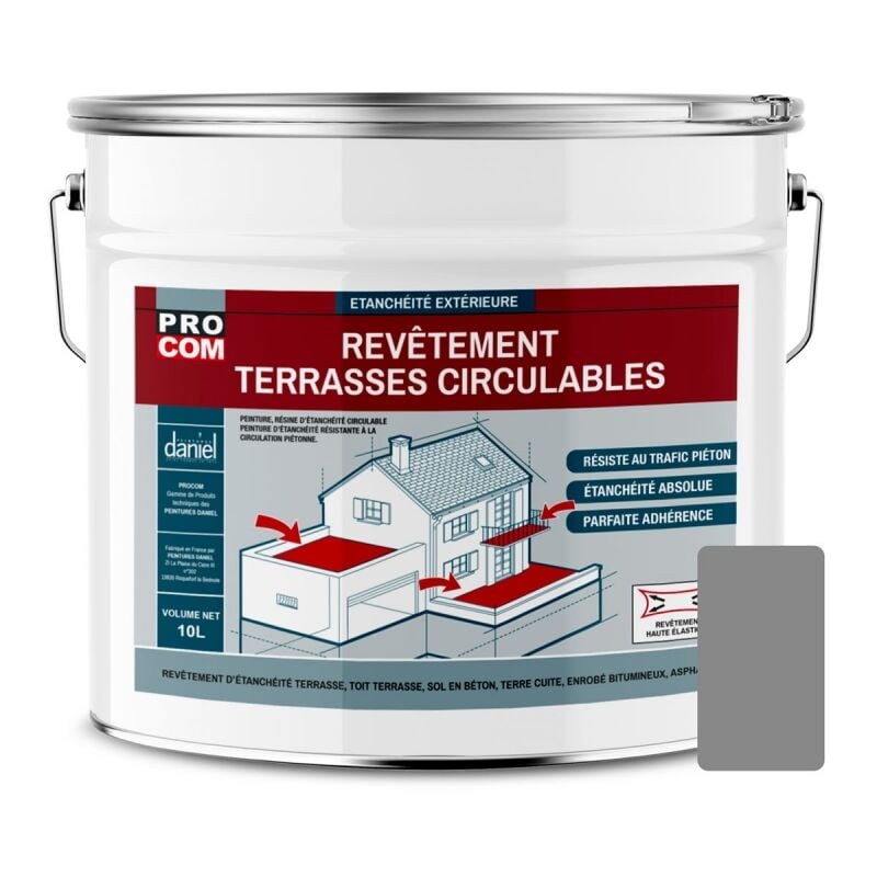 Peinture, résine d'étanchéité imperméabilisation terrasse circulable, balcon, sols extérieurs, béton, plusieurs coloris Procom 888888 10 litres