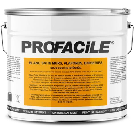 Peinture satinée blanche intérieure 10L – 2 en 1 avec sous-couche intégrée – Sans odeur – Pour murs, plafonds et boiseries