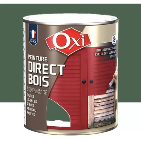 Peinture satinée spéciale microporeuse pour bois neufs ou anciens OXI PEINTURE DIRECT BOIS Vert Jardin (RAL 6002) 0.5 litre