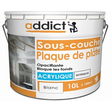 Peinture sous-couche acrylique 10 litres blanche – Super opacifiante – Lessivable et sans odeur – Pour plâtre et béton – Addict