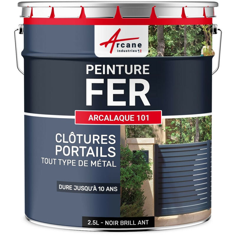 Arcane Industries - Peinture métal et fer pour portail, grille, garde-corps : arcalaque 101 - 2.5 l Noir Brillant - ral 9005