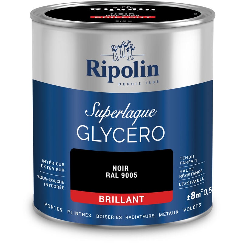 Peinture Couleur Superlaque Glycéro 2en1 Brillant - 0,5L - Noir ral 9005 - Ripolin