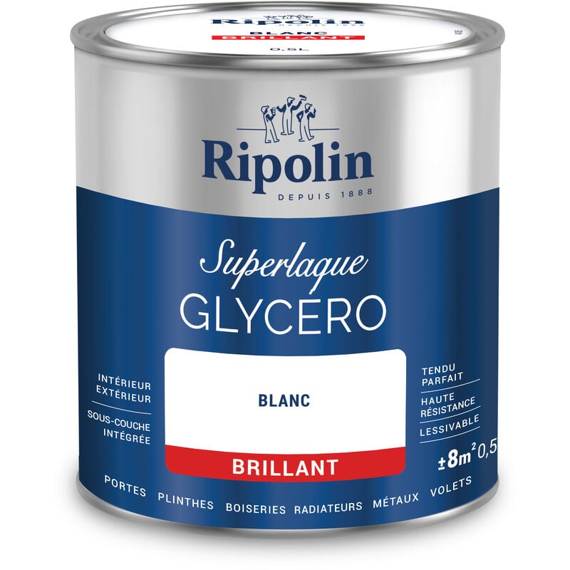 Peinture Couleur Superlaque Glycéro 2en1 Brillant - 0,5L - Blanc - Ripolin