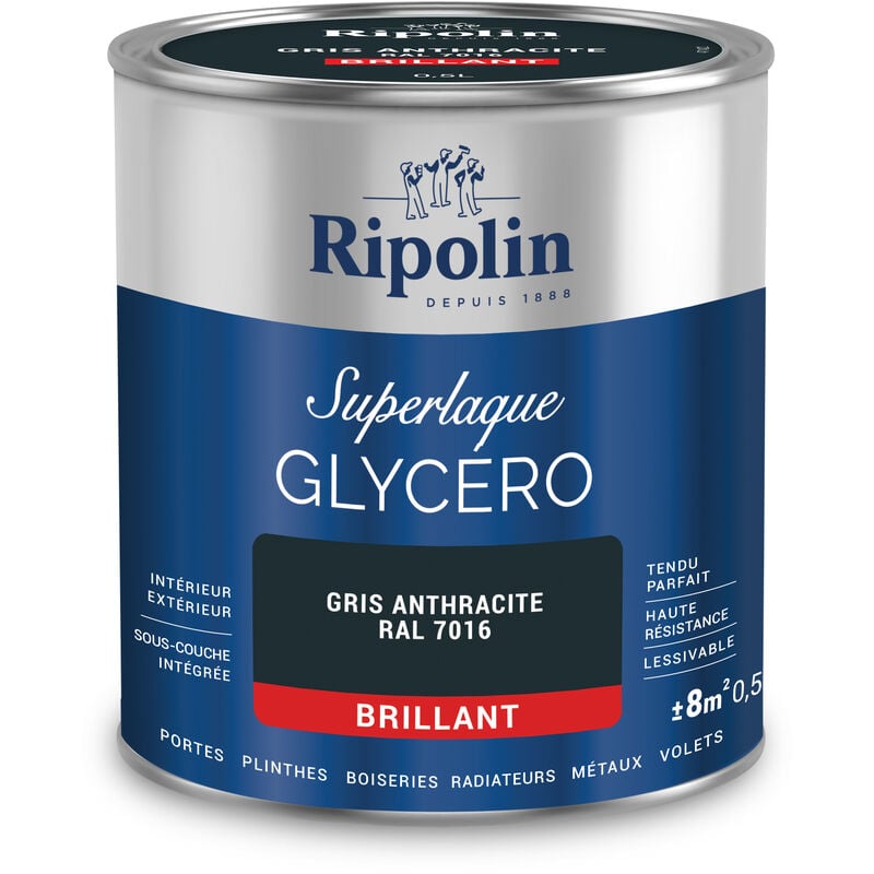 Peinture Couleur Superlaque Glycéro 2en1 Brillant - 0,5L - Gris Anthracite ral 7016 - Ripolin