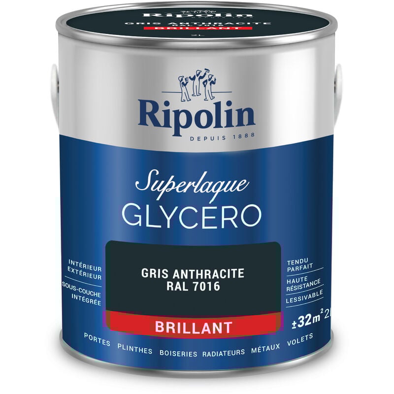 Peinture Couleur Superlaque Glycéro 2en1 Brillant - 2L - Gris Anthracite ral 7016 - Ripolin