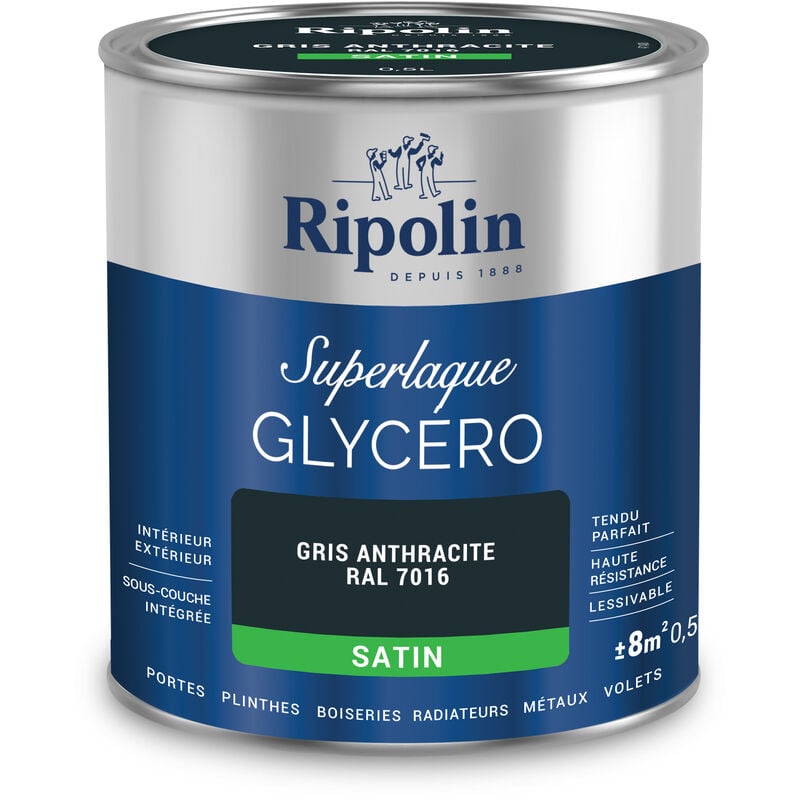 Peinture Couleur Superlaque Glycéro 2en1 Satin - 0,5L - Gris Anthracite ral 7016 - Ripolin