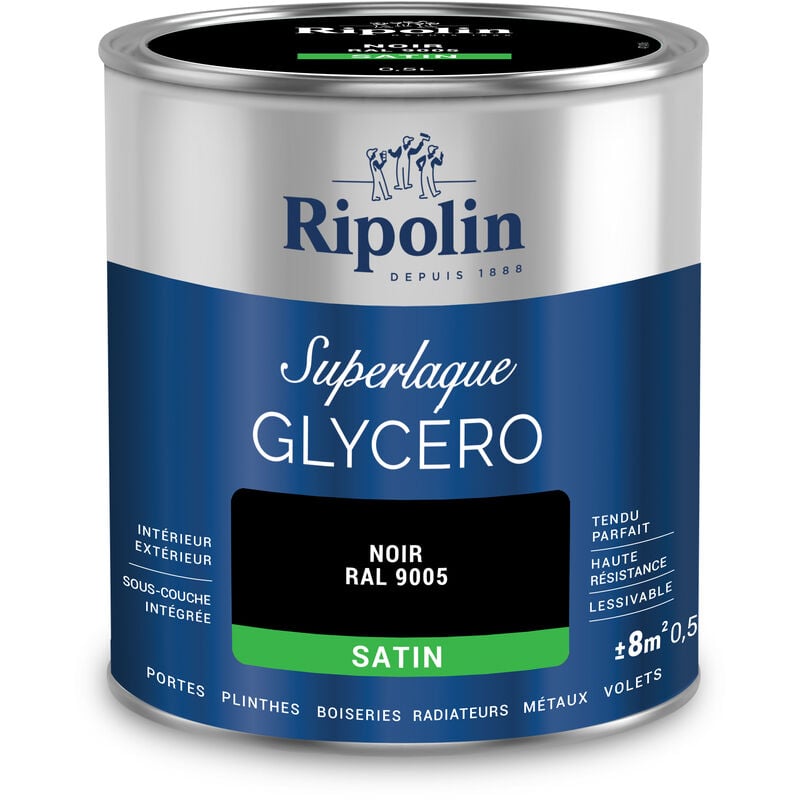 Peinture Couleur Superlaque Glycéro 2en1 Satin - 0,5L - Noir ral 9005 - Ripolin