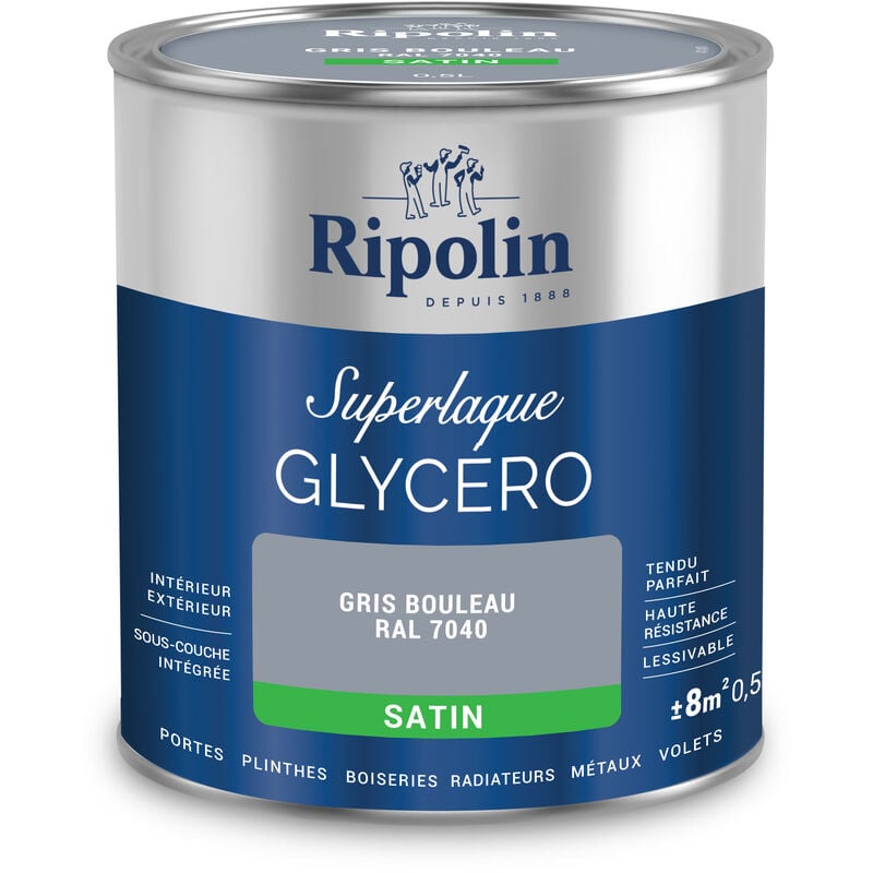 Ripolin - Peinture Couleur Superlaque Glycéro 2en1 Satin - 0,5L - Gris Clair RAL 7035