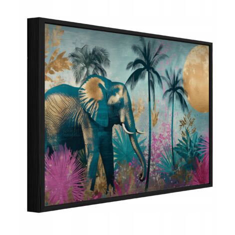 Peinture sur métal dans un cadre noir éléphant jungle loft living room bedroom 120x80
