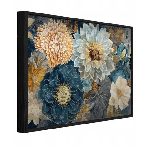 Peinture sur métal dans un cadre noir fleurs abstraites salon chambre 150x100