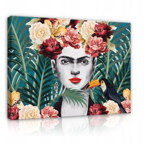 Peinture sur toile frida kahlo feuilles fleurs 60x40