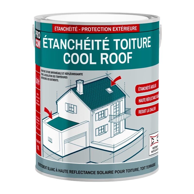 Peinture toiture étanche Cool Roof, peinture réfléchissante blanche, anti chaleur Procom ffffff 2.5 litres