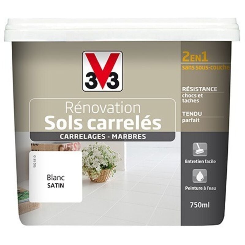 V33 - Peinture Rénovation Sols Carrelés (Carrelages - Marbres) 2 en 1 Satin Blanc 0,75 l