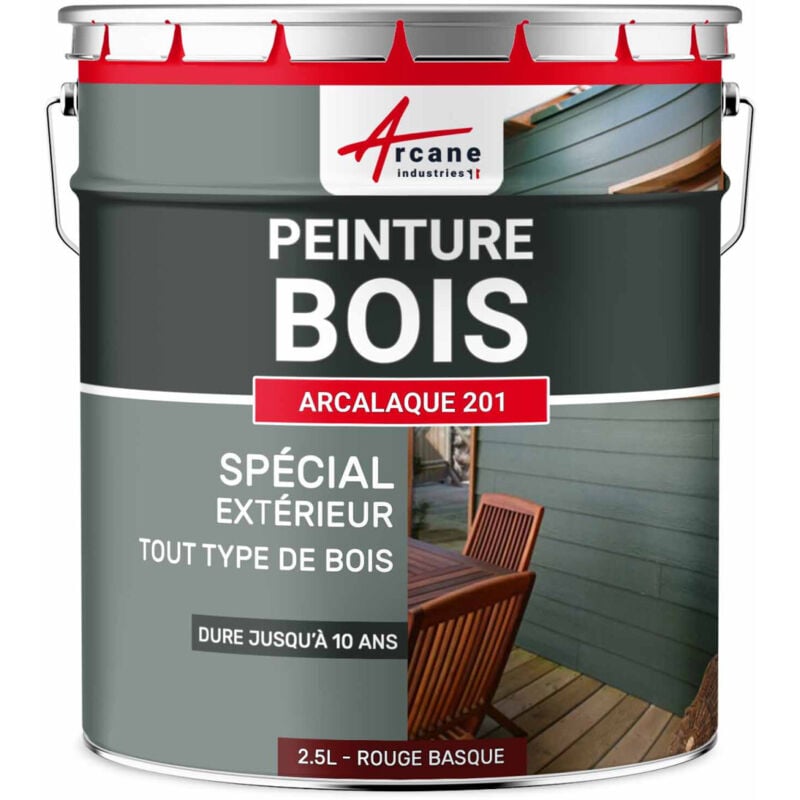 Arcane Industries - Peinture Bois Extérieur - Peinture portails, bardage, abri et mobilier de jardin... : arcalaque 201 - 2.5 l Rouge basque - Proche