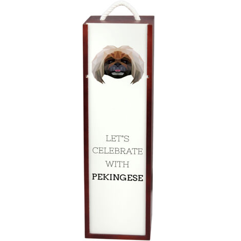 Pekinés: una caja geométrica con una foto y una inscripción para el vino de Art-Dog