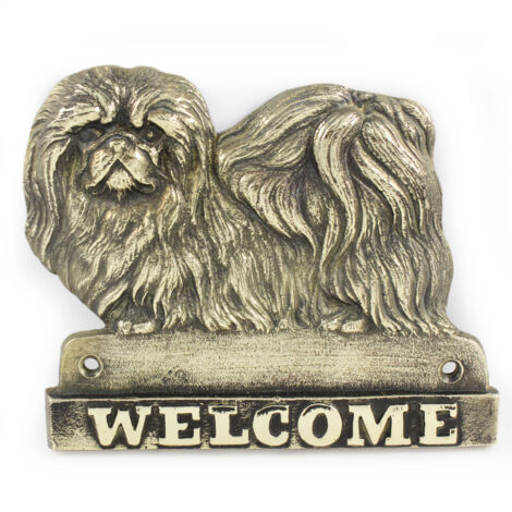 Pekingese - ein Türschild mit einem Hund, eine Willkommenstafel aus Messing, ein einzigartiges Schild mit dem Wort „Willkommen“ von Art-Dog