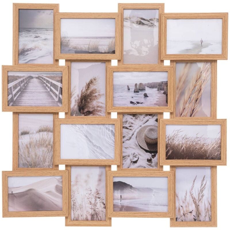 Cadre pêle-mêle à suspendre avec 16 photos en bois - Beige - l 58 x h 58 cm - Livraison gratuite - Beige