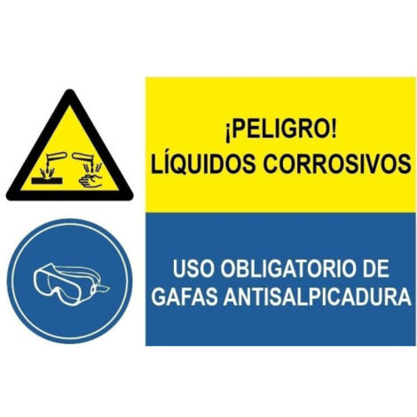 Peligro líquidos corrosivos Uso obligatorio de gafas antisalpicadura, señal combinada SEKURECO                 PVC Blanco 0.7 mm