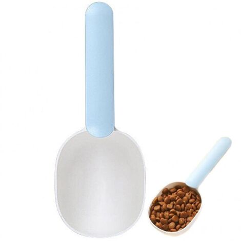 Pelle à céréales pour animaux de compagnie en plastique robuste 2 en 1 avec tasse à mesurer à pince pour sacs de nourriture pour chiens et chats (blanc bleu)