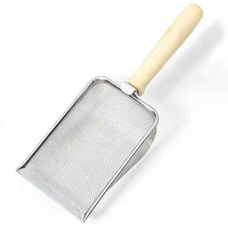 Pelle à litière pour chat à mailles fines, pelle à litière en métal, pelle à sable pour reptiles, tamis avec manche en bois