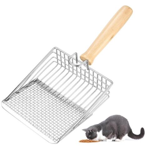 Pelle à litière pour chat en métal, manche en bois, maille de 7mm, pelle à litière inoxydable pour éliminer les déchets rapidement, outil de nettoyage pour bac à litière