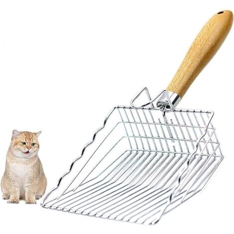 Pelle à litière pour chat - Pelle à litière pour chat - Distance entre les trous : 7 mm - Facile à nettoyer - Poignée couleur bois