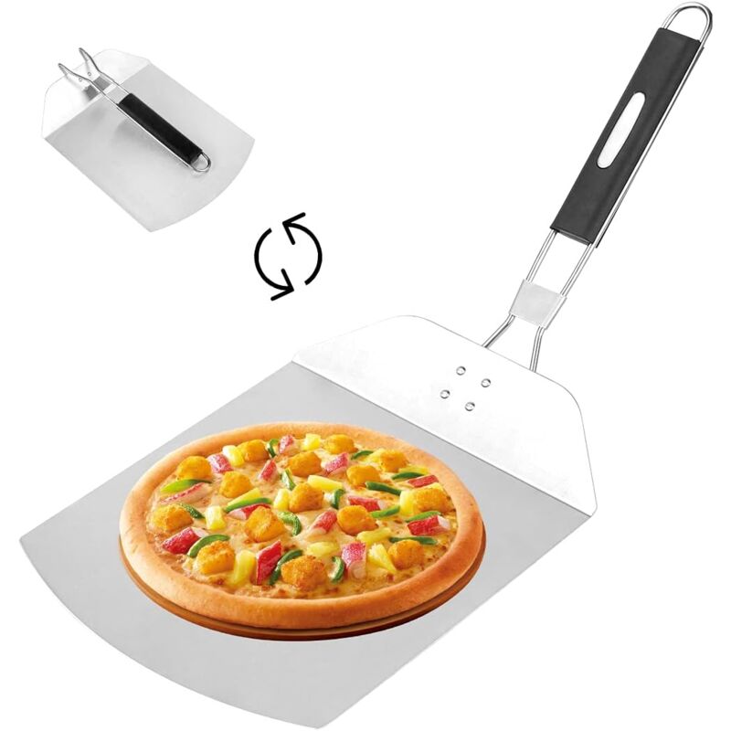 Pelle a Pizza, Kit Pelle Pizza en Inox, Pelle a Pizza Coulissante avec Poignée Pliable, Pizza Peel set avec Coupe Pizza et Pelle à Tarte à Pizza pour