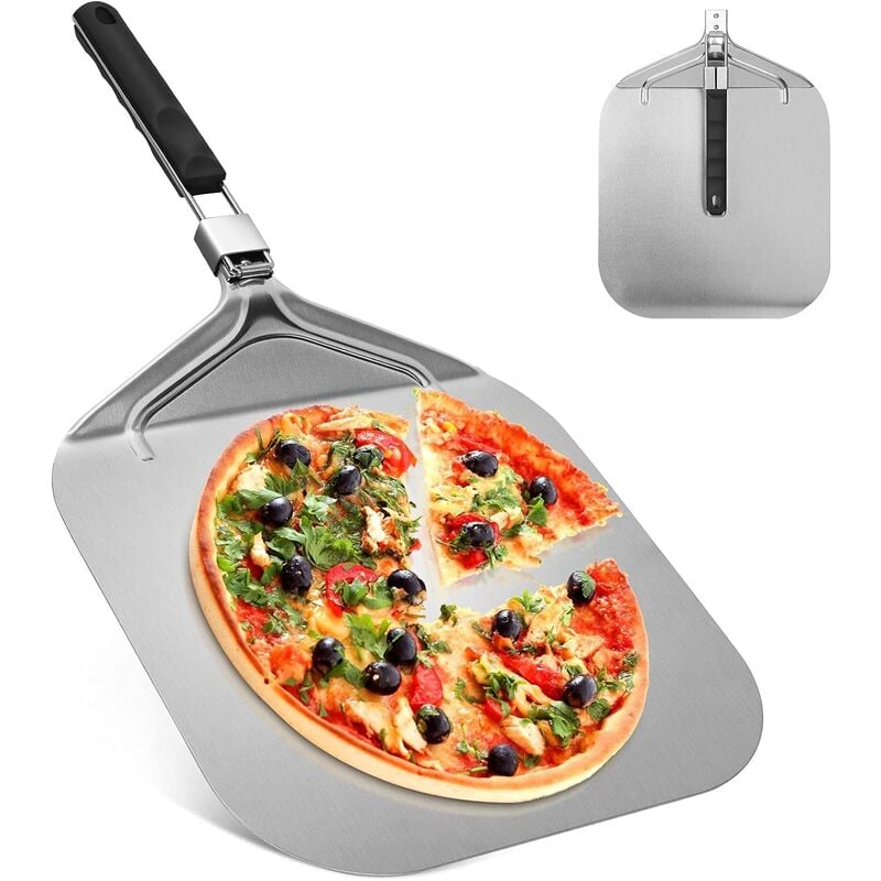 Pelle à Pizza Perforée, Pelle à Pizza En Acier Inoxydable, 32x32cm, avec Poignée Pliable, Longueur Totale 63,2 cm