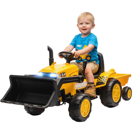 Pelle électrique enfant 12 V godet remorque amovible tracteur 2 moteurs télécommande sans fil USB lumières musique 3-8 ans jaune