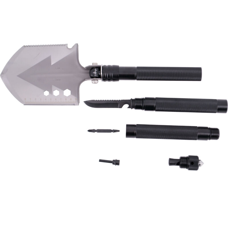 Pelle tactique Third M9809 de acier 420 de cm au total, manche de aluminium, avec 11 utilisations différentes en une seule pièce. Avec gaine en nylon.