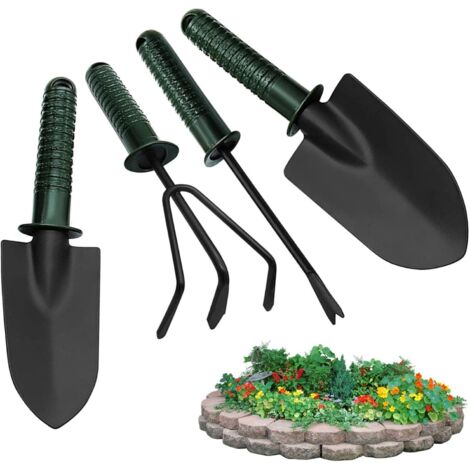 Pelles de jardin, ensemble de 4 outils à main de plantation robustes avec poignées ergonomiques  Kit de pelle à main succulente avec nettoyeur de mauvaises herbes et râteau, outil de desserrage du sol