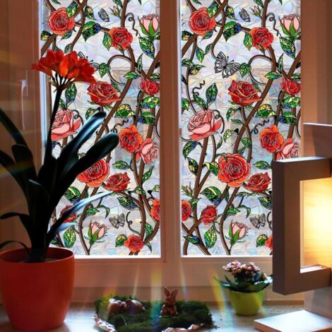 Pellicola per finestre effetto arcobaleno con rose e piante, pellicola elettrostatica, pellicola decorativa anticollisione per finestre, vetro e porte, 45x100 cm