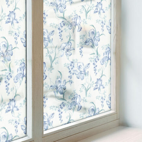 Pellicola Privacy per Vetri 100x116 cm PVC Vetro Smerigliato Decorativa Autoadesiva Protezione per Cucina Bagno Uffici Camera da Letto Fiori blu