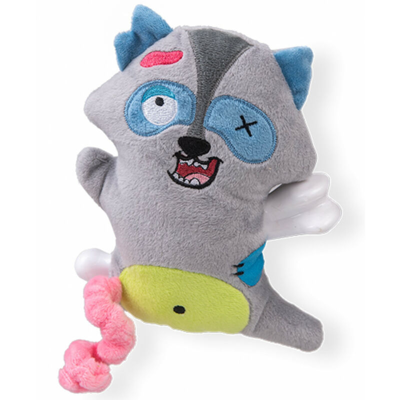 

Vadigran - Peluche de mapache asustadizo con hueso 17,5 cm. Juguete para perros.