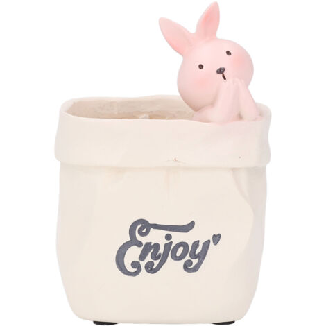 Pen Pencil Holder Desktop Ornament Resin Cute Animal in Grocery Bag Small Succulent Planter for Bedroom Office Decor Housewarming Gift Bunny