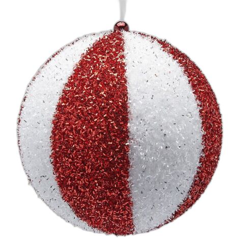Pendaglio per albero di Natale "Palla Righe" da 15 cm, bianco e rosso