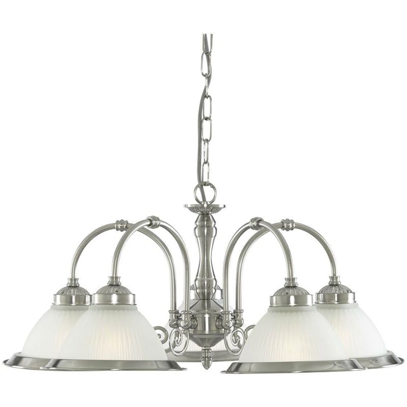 American Diner - 5 Light Multi Arm Multi Arm Ceiling Pendant Satin Silver, Acid Ribbed Glass, E27 - Searchlight