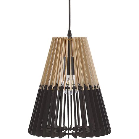 Pendant Lamp Light Wood with Black MDF Openwork Cage Shade Cavalla - Black