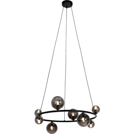 QAZQA Pendant Light Black with Smoke Glass Round 8-Light - Monaco