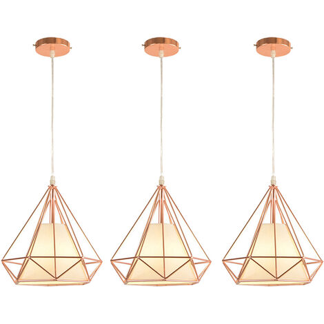 Pendant Light Fixtting, Industrial Metal Diamond Chandelier, Hanging Ceiling Lamp with Cage Lampshade E27 for Bedroom Living Room (Rose Gold 3PCS