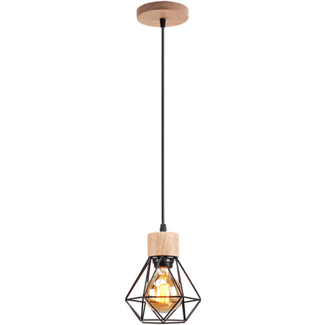 Pendant Light in Cage Diamond Made of Metal E27 Ceiling Light in Wood for Kitchen Island Dining Room Black 1PCS