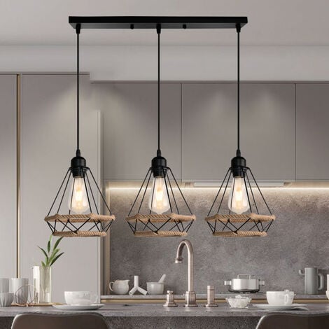 AXHUP Pendant Lighting Fitting Vintage Black, 3 Light Ø20cm Diamond Hanging Ceiling Lamp with Hemp Rope Industrial Metal Chandelier with Cage Lampshade (Black)