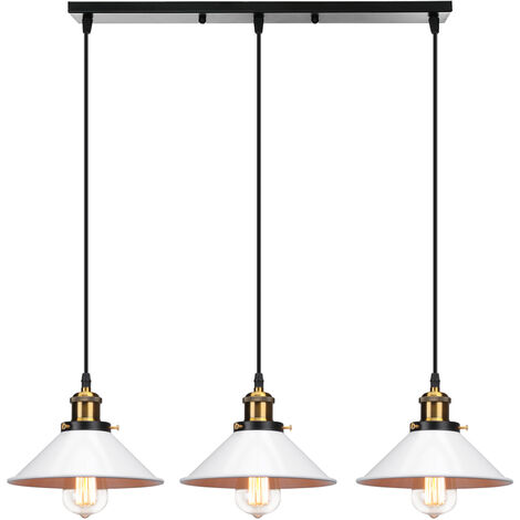 Pendant Lighting Fitting, Vintage Industial Metal Hanging Ceiling Lamp, 3-light Chandelier Fixture with Ø22cm Lampshade for Kitchen Island Living Room (White)