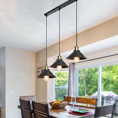AXHUP Pendant Lighting Fixture, Vintage 3 Lights Hanging Ceiling Lamp with Lampshade, Industrial Chandelier with Long Pole Light Holder for Bedroom Living Room Kitchen Island - Black with Bronze Base
