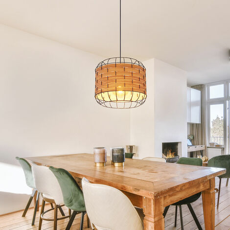 Pendellampe Esszimmerlampe Landhaus Holzoptik Hängelampe Gitterschirm, Metall, schwarz, matt, 1x E27 Fassung, DxH 35x120 cm