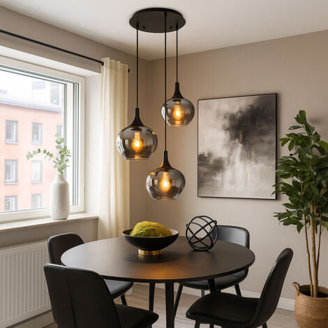Pendellampe Hängeleuchte Esszimmer Pendelleuchte Wohnzimmer Esstischleuchte rauch Glasschirm, Metall schwarz, Fassungen 3x E27, DxH 48x120 cm