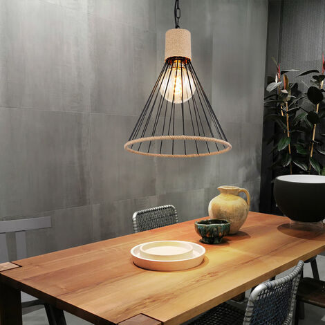 Pendellampe Hanfseil Hängeleuchte Kette Esszimmer Pendelleuchte im Käfig Design, Metall schwarz, 1x E27 Fassung, DxH 35x140 cm
