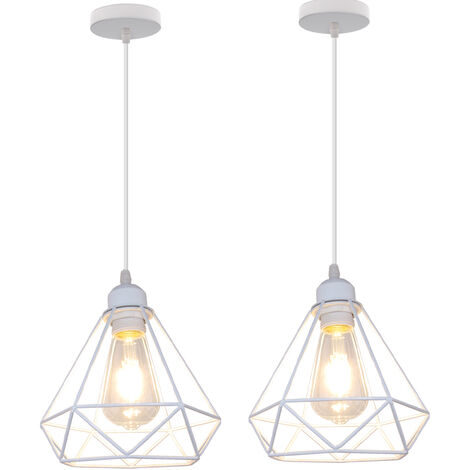 Pendelleuchte, 1 Flammig Hängelampe im Industri Stil, Kronleuchter mit Ø20cm Diamant Käfig für Wohnzimmer Schlafzimmer Esszimmer (Weiß) 2PCS