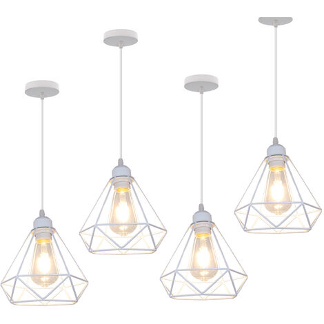 Pendelleuchte, 1 Flammig Hängelampe im Industri Stil, Kronleuchter mit Ø20cm Diamant Käfig für Wohnzimmer Schlafzimmer Esszimmer (Weiß) 4PCS
