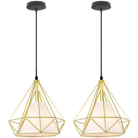 Pendelleuchte, 1 Flammig Hängelampe in Diamant Form, Vintage Kronleuchter mit Käfig für Wohnzimmer Schlafzimmer Esszimmer Küche - Gold mit Schwarzes Kabel 2PCS
